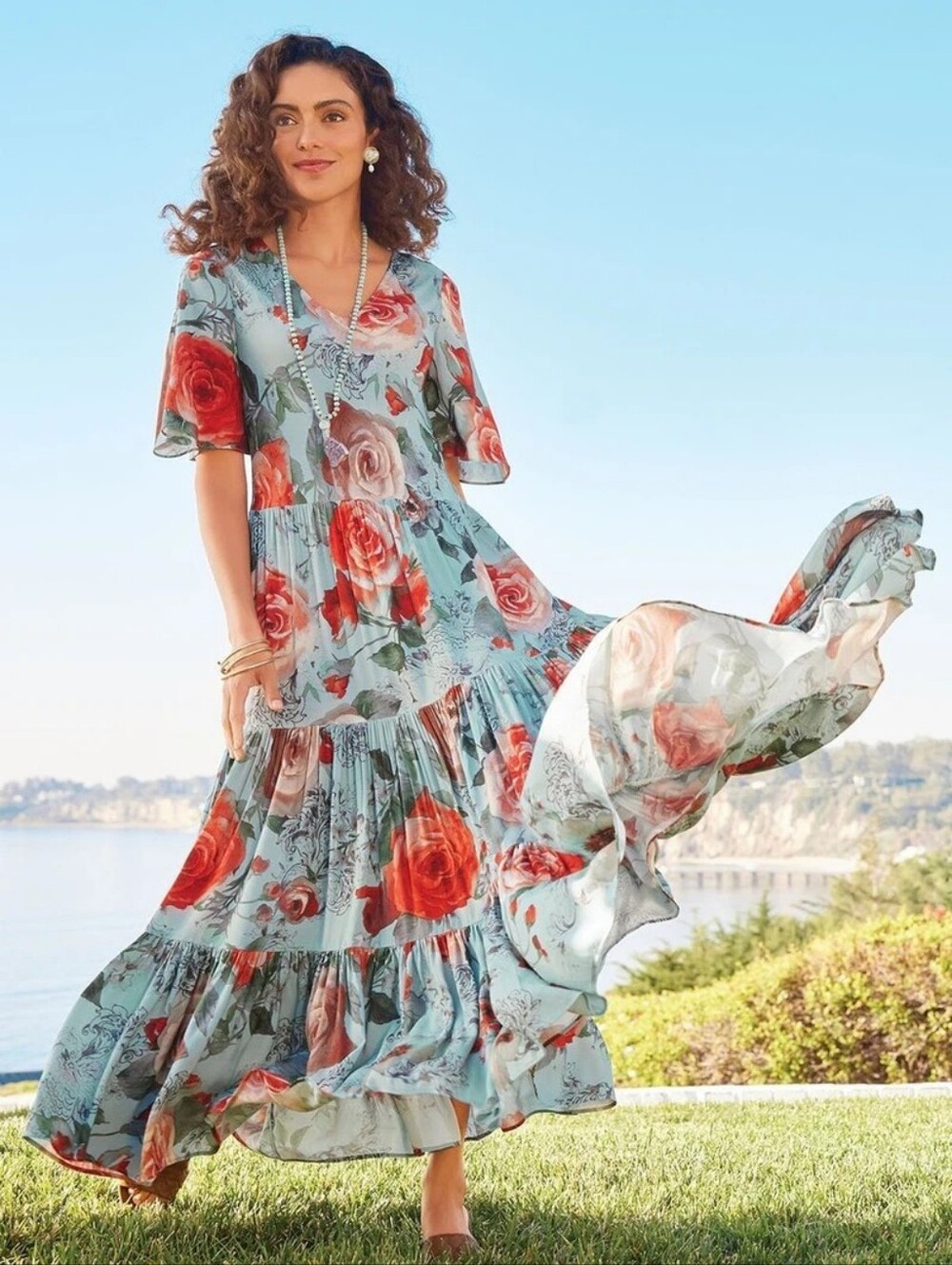 Soft Surroundings Floral V-Neck Sky Blue Maxi Dress with Red Rose Print Size M